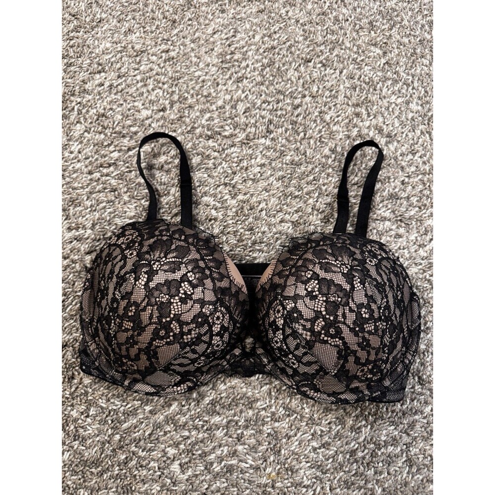 Victoria’s Secret Very Sexy Push Up Bra 34DD Black Lace Nude Underwire